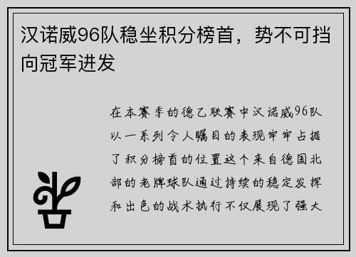 汉诺威96队稳坐积分榜首，势不可挡向冠军进发